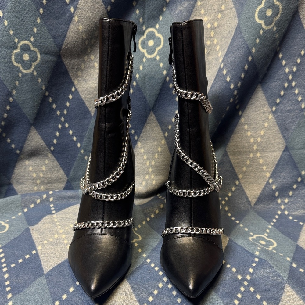 Glaze Black Heeled Boots with Silver Chains